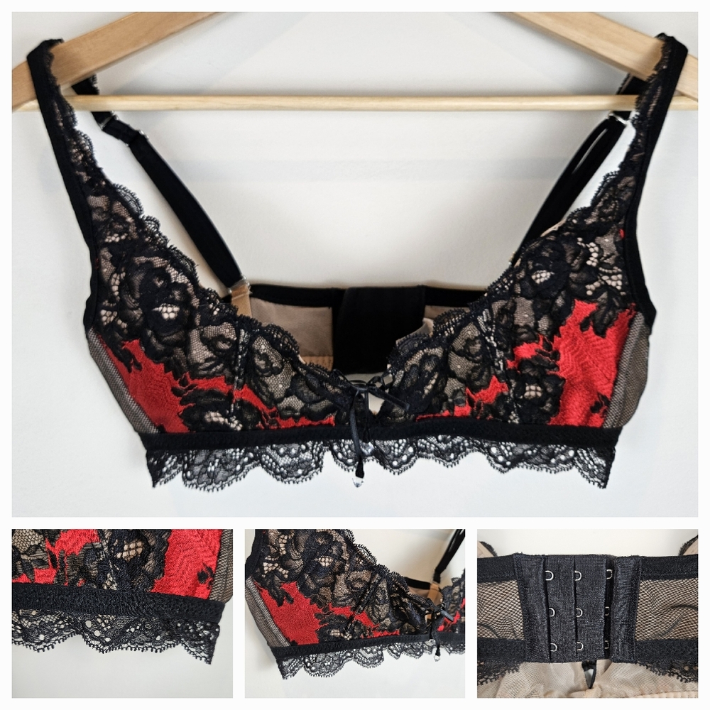 VTG Victorias Secret Black and Red Lace Sexy Lined No Wire Bra Medium A0819